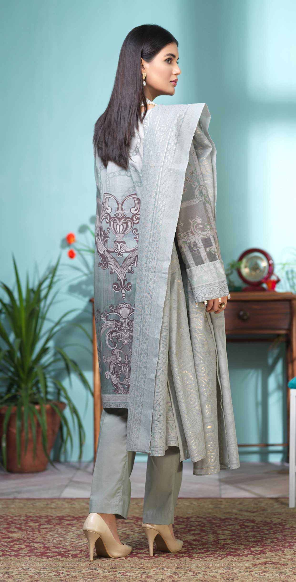 Stitched 3pc Digital Printed Lawn Shirt with Embroidered Front & Brasso Dupatta - Rococo (WK-319) - SalitexOnline