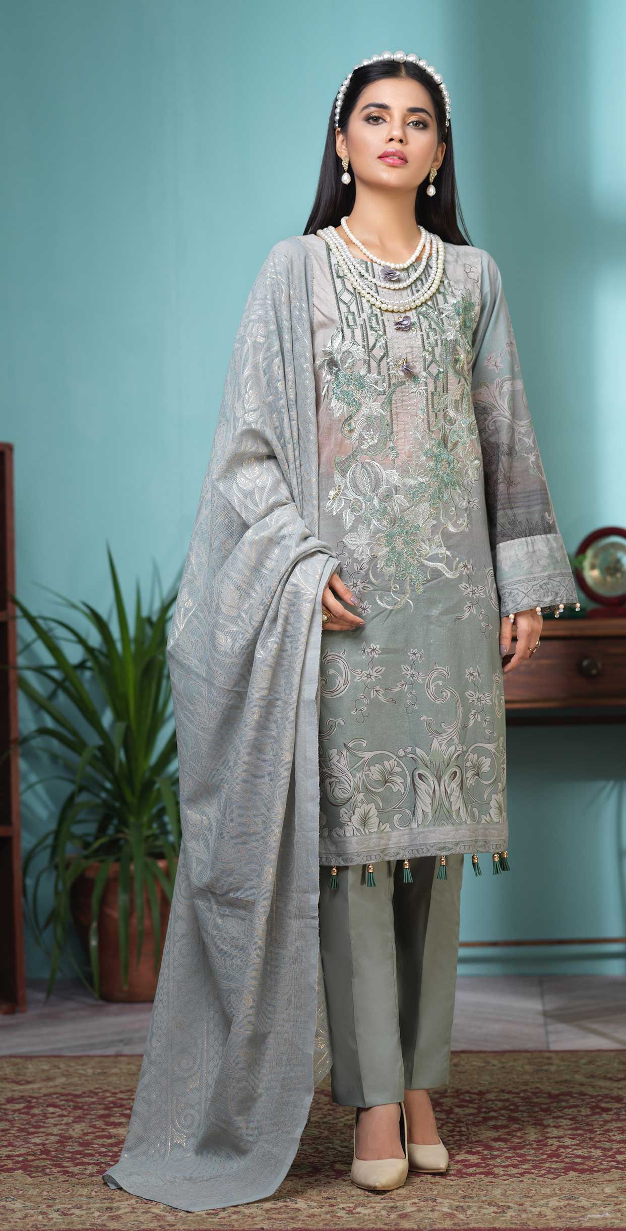 Stitched 3pc Digital Printed Lawn Shirt with Embroidered Front & Brasso Dupatta - Rococo (WK-319) - SalitexOnline