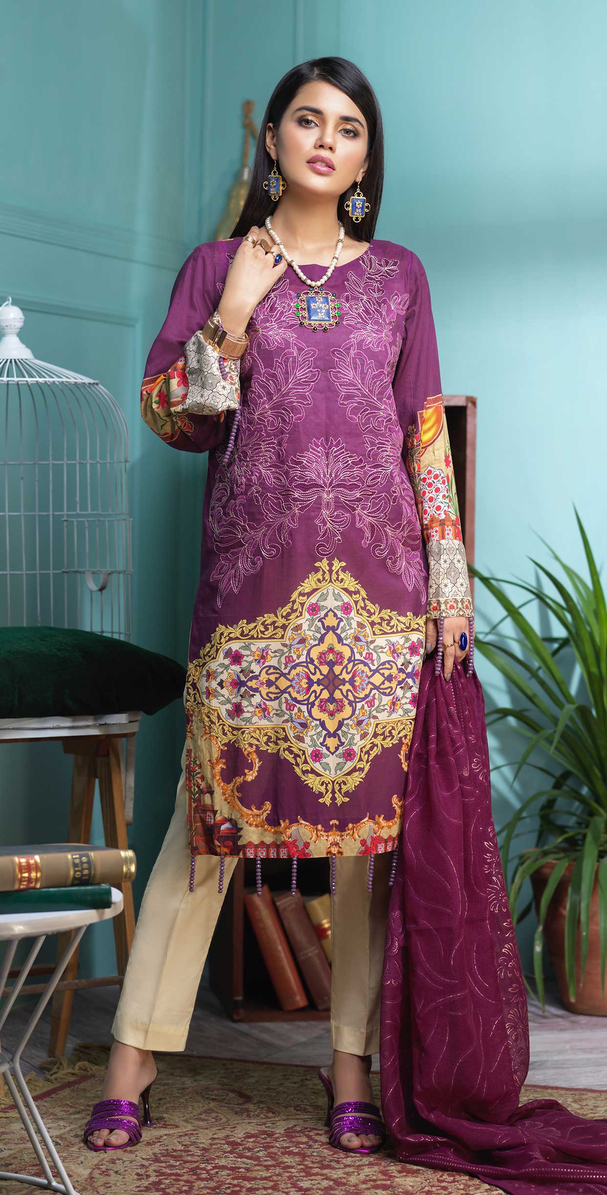 Stitched 3pc Digital Printed Lawn Shirt with Embroidered Front & Brasso Dupatta - Rococo (WK-321) - SalitexOnline