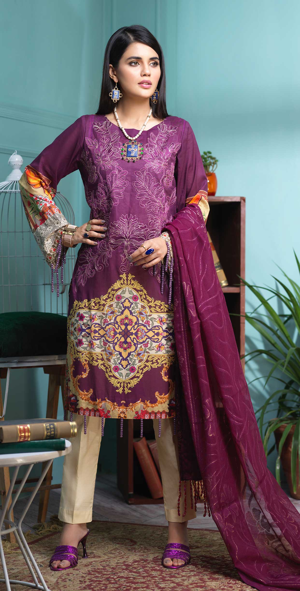 Stitched 3pc Digital Printed Lawn Shirt with Embroidered Front & Brasso Dupatta - Rococo (WK-321) - SalitexOnline