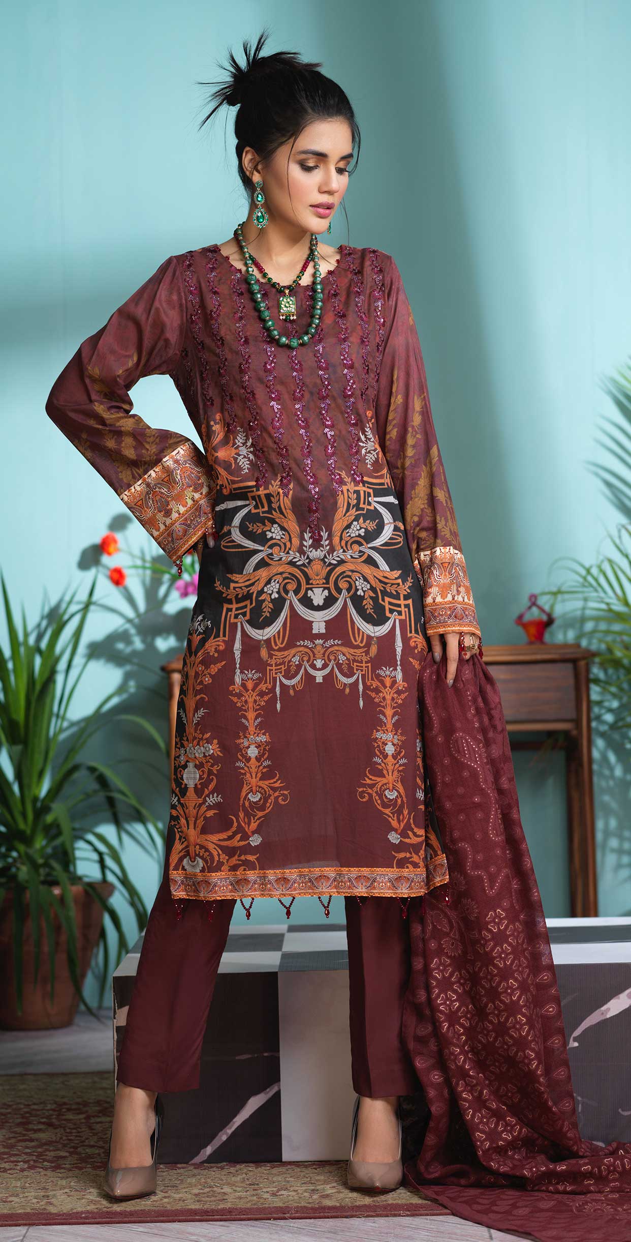 Stitched 3pc Digital Printed Lawn Shirt with Embroidered Front & Brasso Dupatta - Rococo (WK-324) - SalitexOnline