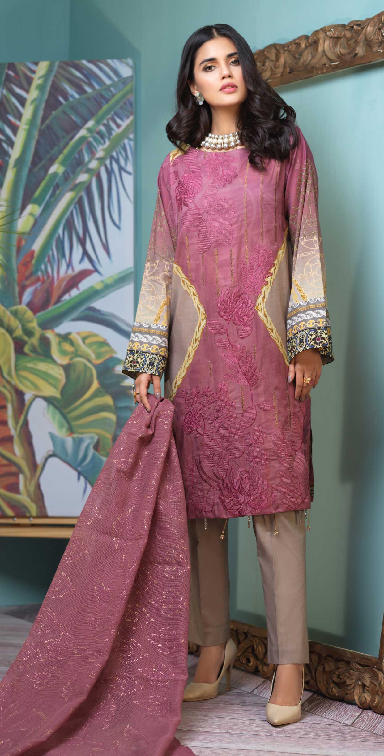 Stitched 3pc Digital Printed Lawn Shirt with Embroidered Front & Brasso Dupatta - Rococo (WK-329) - SalitexOnline