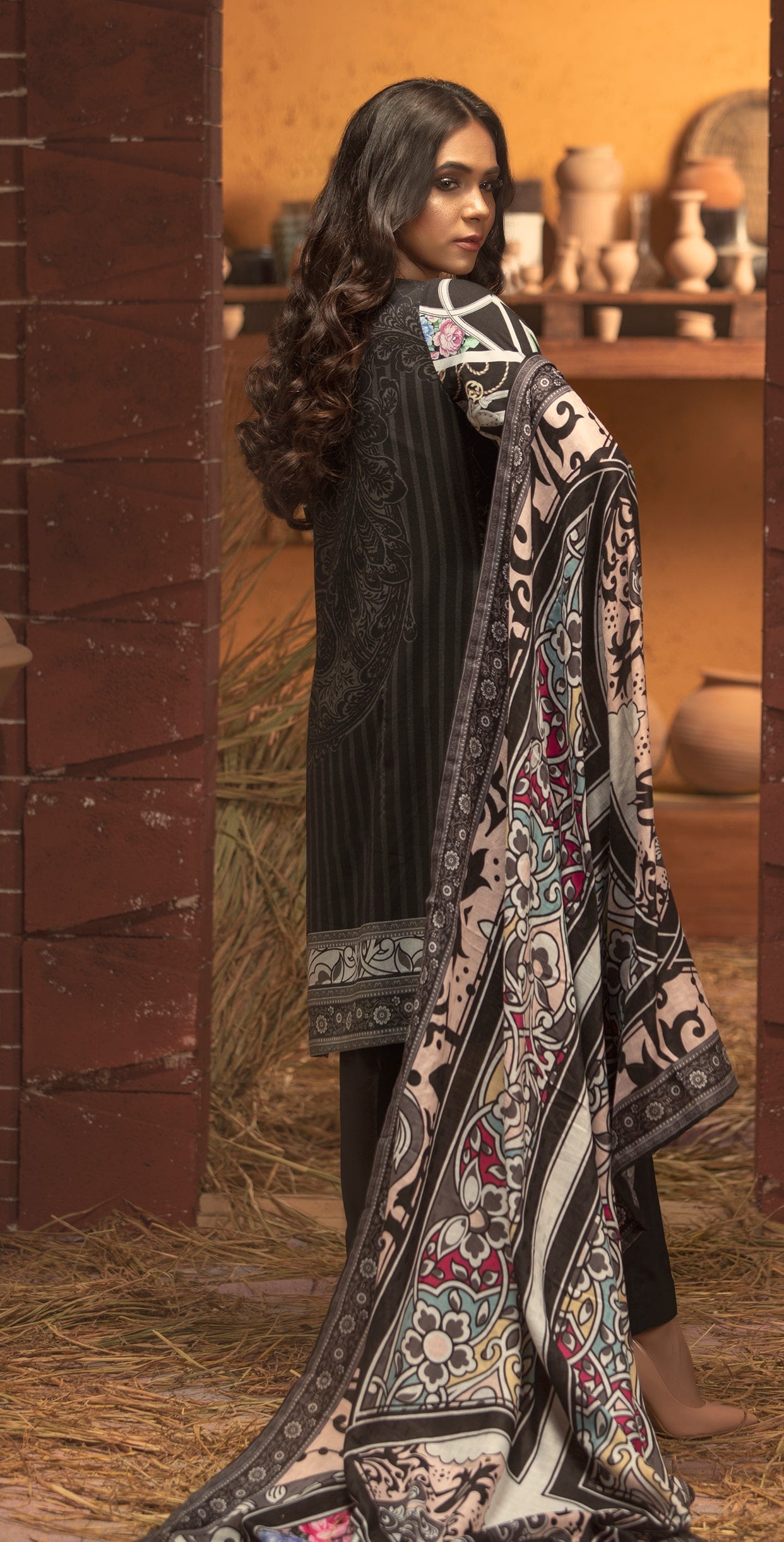 Stitched 3pc Digtial Printed Embroidered Linen Shirt with Digital Shawl Dupatta (WK-407) - SalitexOnline