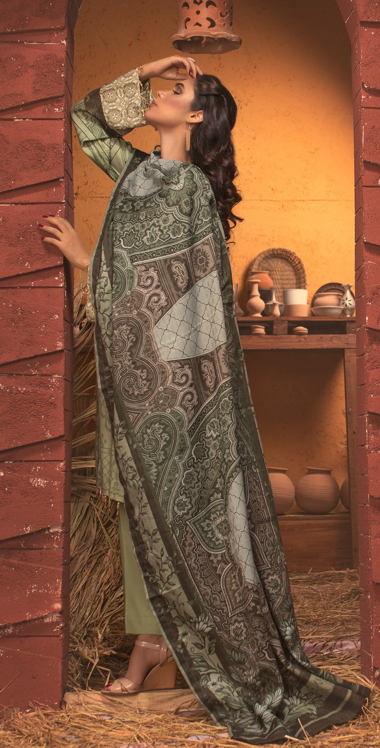 Stitched 3pc Digtial Printed Embroidered Linen Shirt with Digital Shawl Dupatta (WK-408) - SalitexOnline