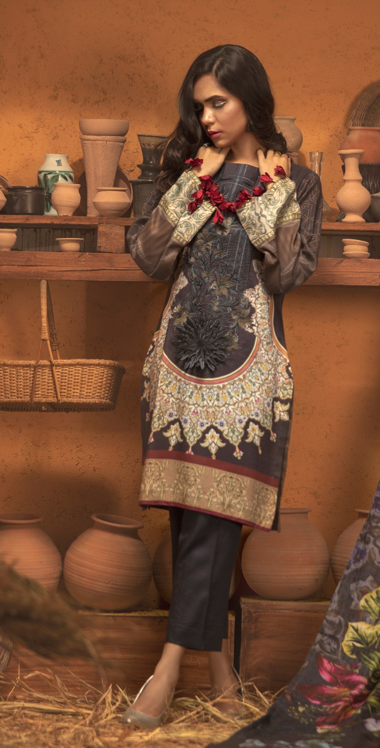 Stitched 3pc Digtial Printed Embroidered Linen Shirt with Digital Shawl Dupatta (WK-410) - SalitexOnline