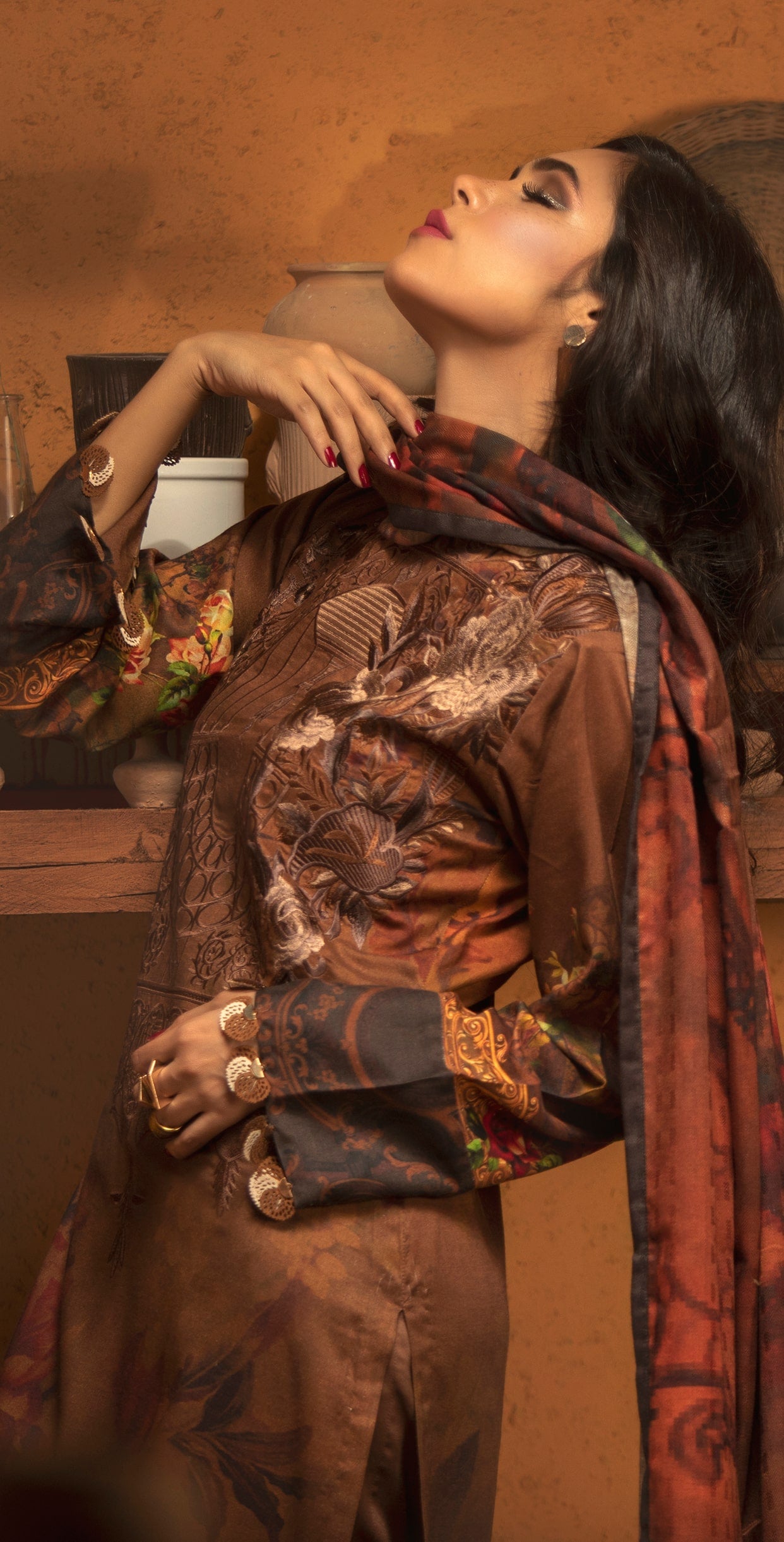 Stitched 3pc Digtial Printed Embroidered Linen Shirt with Digital Shawl Dupatta (WK-414) - SalitexOnline