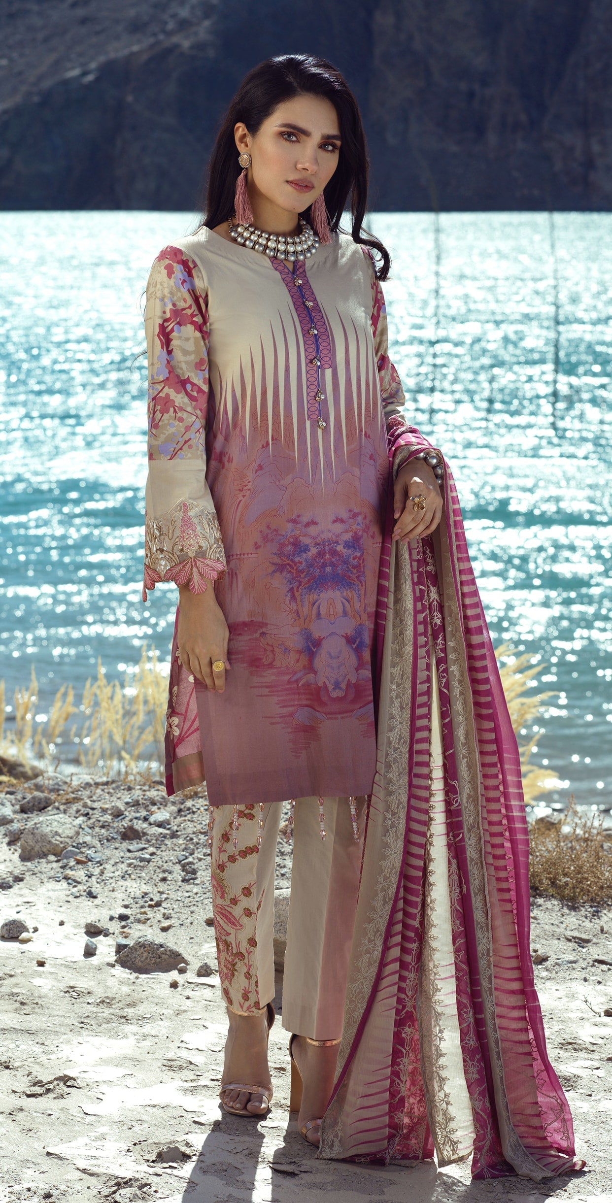 Stitched 3pc Printed Embroidered Cambric Shirt with Printed & Embroidered Chiffon Dupatta (WK-396A) - SalitexOnline