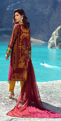 Stitched 3pc Printed Embroidered Cambric Shirt with Printed & Embroidered Chiffon Dupatta (WK-399B) - SalitexOnline