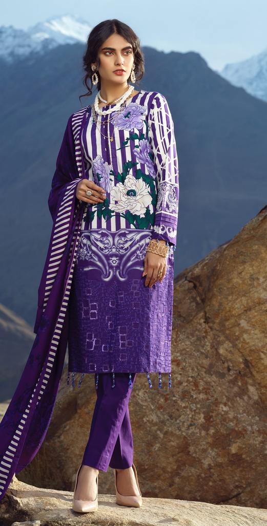 Stitched 3pc Printed Embroidered Cambric Shirt with Wool Net Dupatta (WK-422B) - SalitexOnline