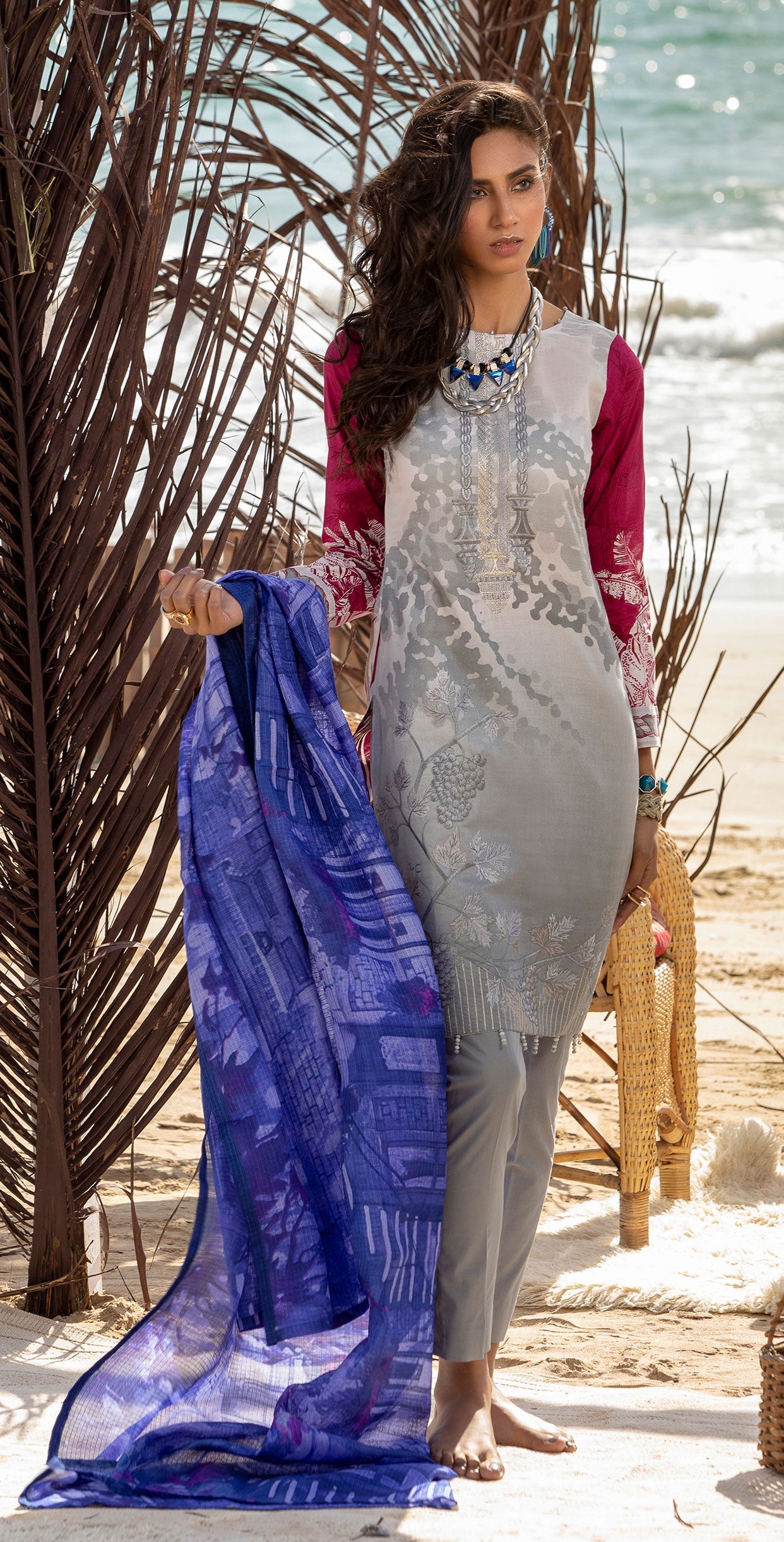 Stitched 3pc Printed Embroidered Lawn Shirt with Fancy Printed Check Dupatta (WK-494A) - SalitexOnline