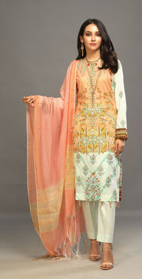 Stitched 3pc Printed Embroidered Lawn Shirt with Woven Khaddi Dupatta - Shades (WK-00542B) - SalitexOnline