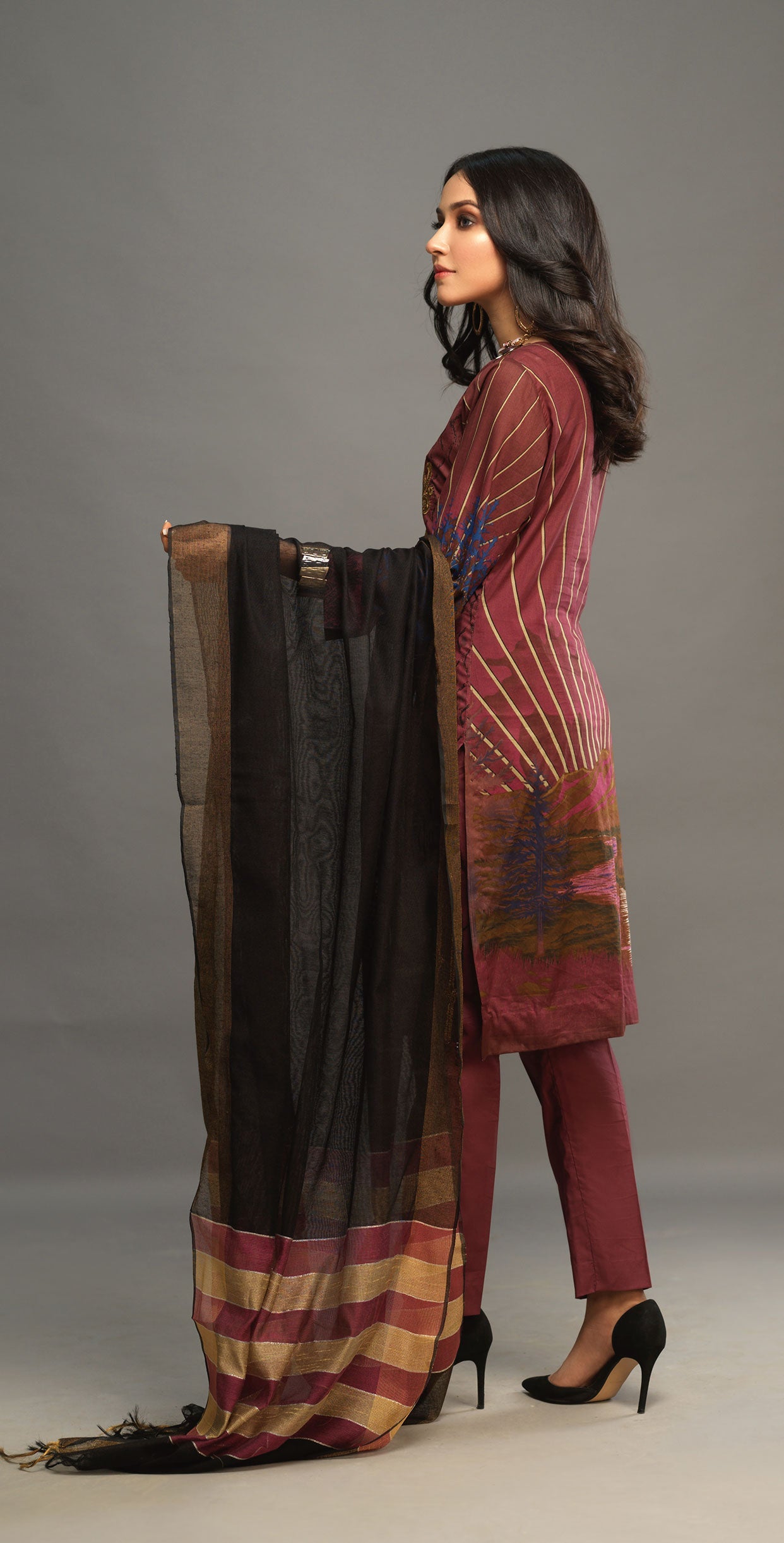 Stitched 3pc Printed Embroidered Lawn Shirt with Woven Khaddi Dupatta - Shades (WK-00543A) - SalitexOnline