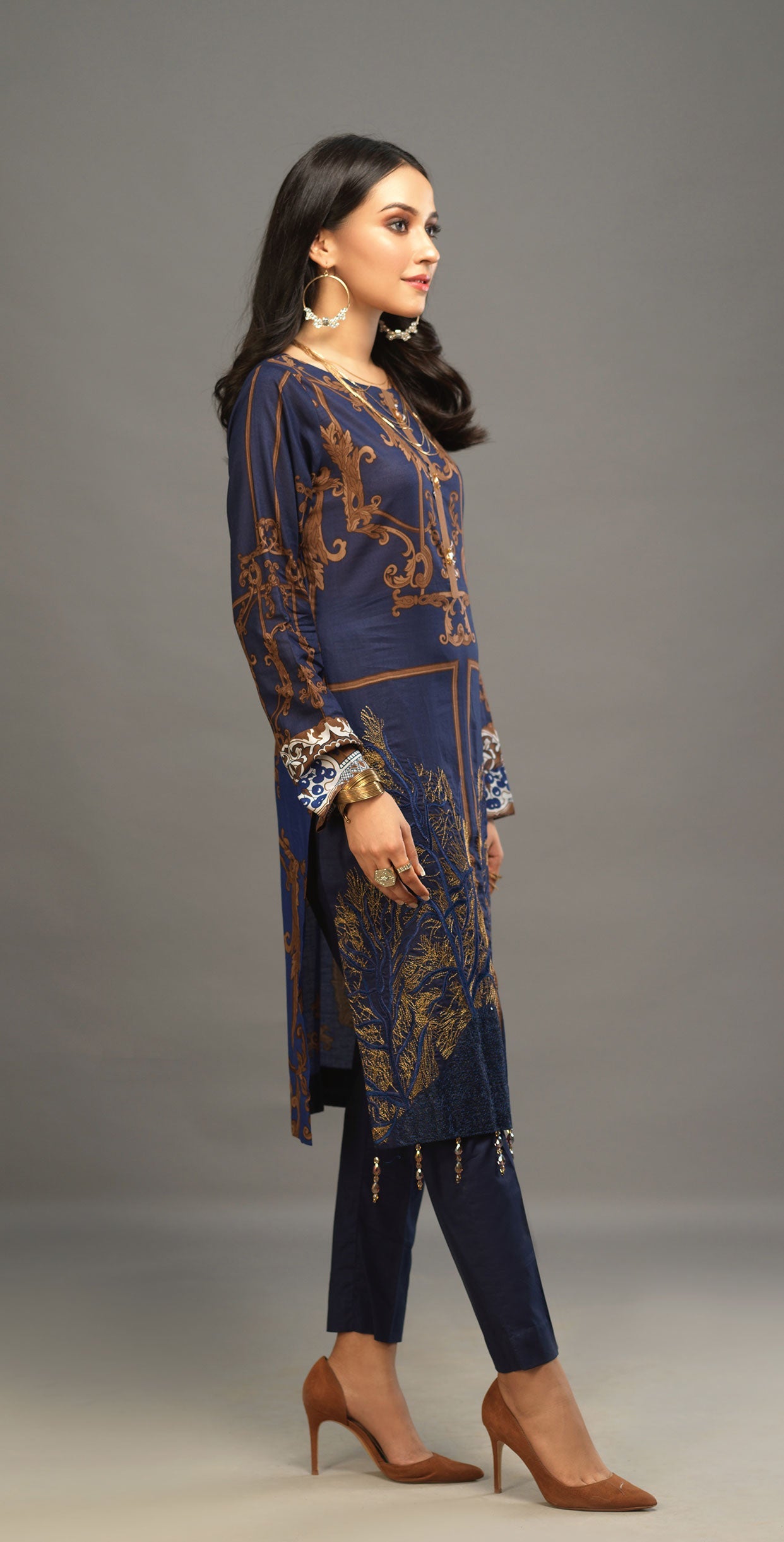 Stitched 3pc Printed Embroidered Lawn Shirt with Woven Khaddi Dupatta - Shades (WK-00544A) - SalitexOnline
