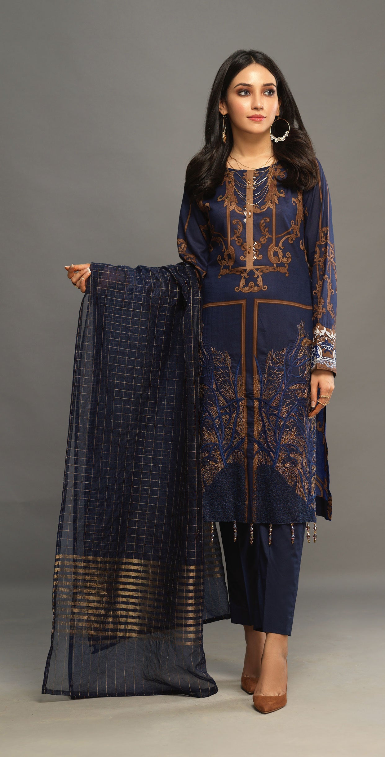 Stitched 3pc Printed Embroidered Lawn Shirt with Woven Khaddi Dupatta - Shades (WK-00544A) - SalitexOnline