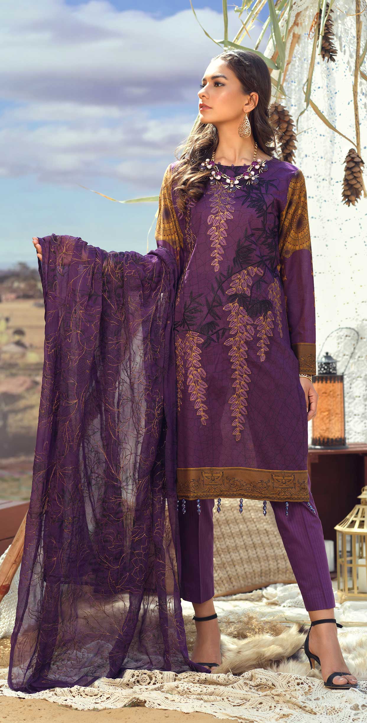 Stitched 3pc Printed Lawn Embroidered Shirt with Printed Embroidered Chiffon Dupatta - FAUSTINA (WK-500A) - SalitexOnline
