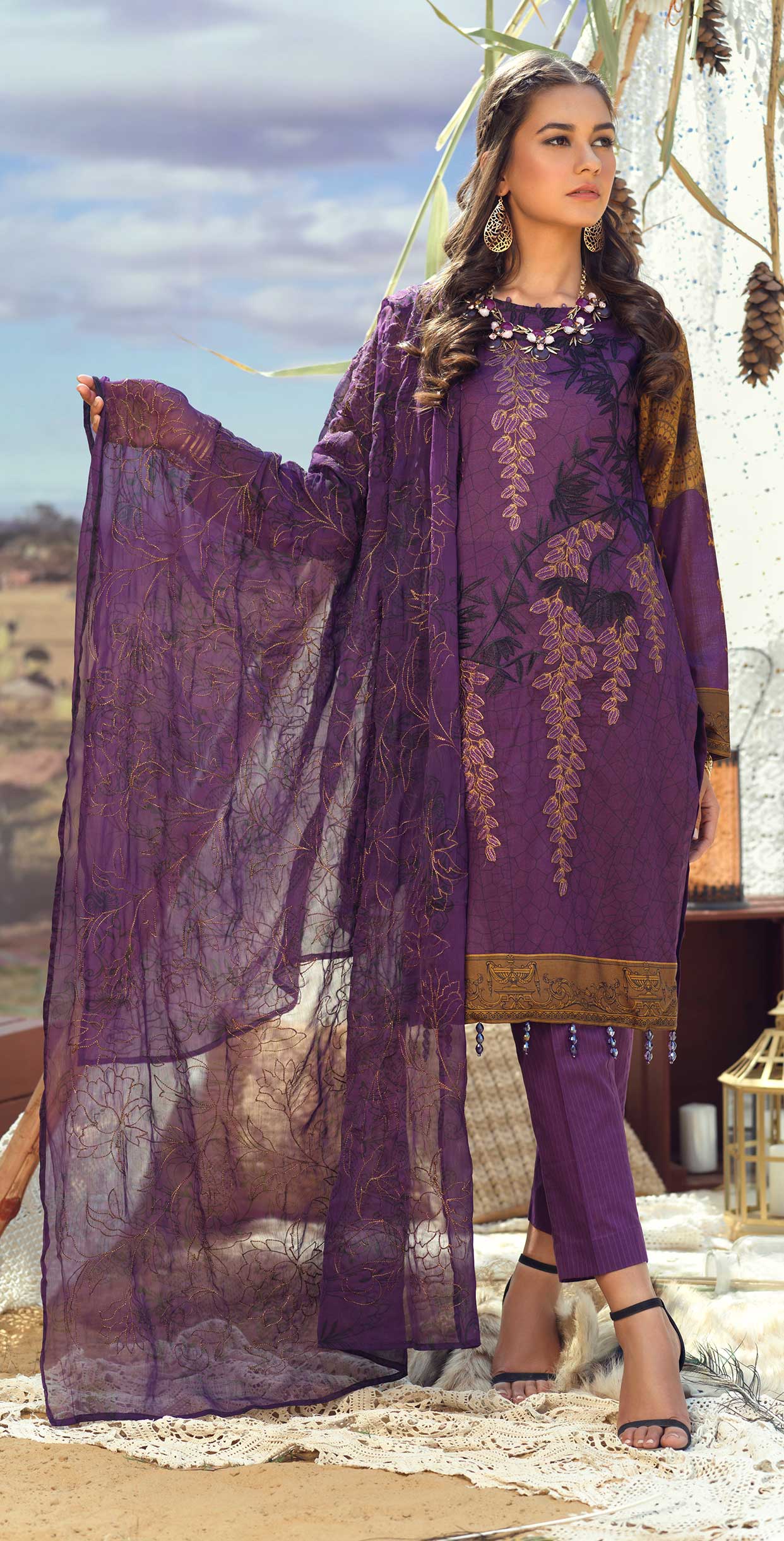 Stitched 3pc Printed Lawn Embroidered Shirt with Printed Embroidered Chiffon Dupatta - FAUSTINA (WK-500A) - SalitexOnline