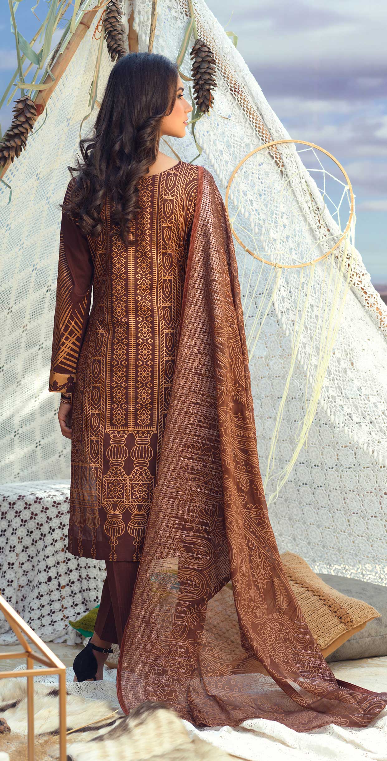 Stitched 3pc Printed Lawn Embroidered Shirt with Printed Embroidered Chiffon Dupatta - FAUSTINA (WK-502A) - SalitexOnline