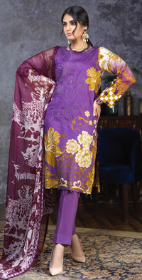 Stitched Printed Cambric Shirt with Embroidered Front , Printed Chiffon Dupatta & Dyed Trouser (RC-171B) - SalitexOnline