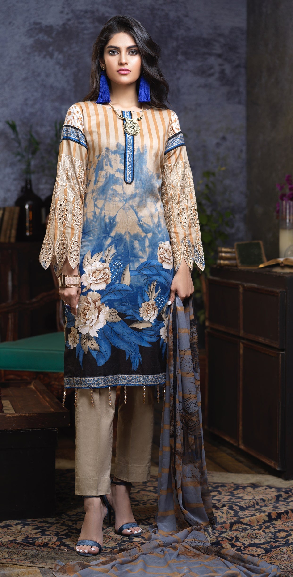 Stitched Printed Cambric Shirt with Embroidered Sleeves (Boring Work) , Printed Chiffon Dupatta & Dyed Trouser (RC-174A) - SalitexOnline