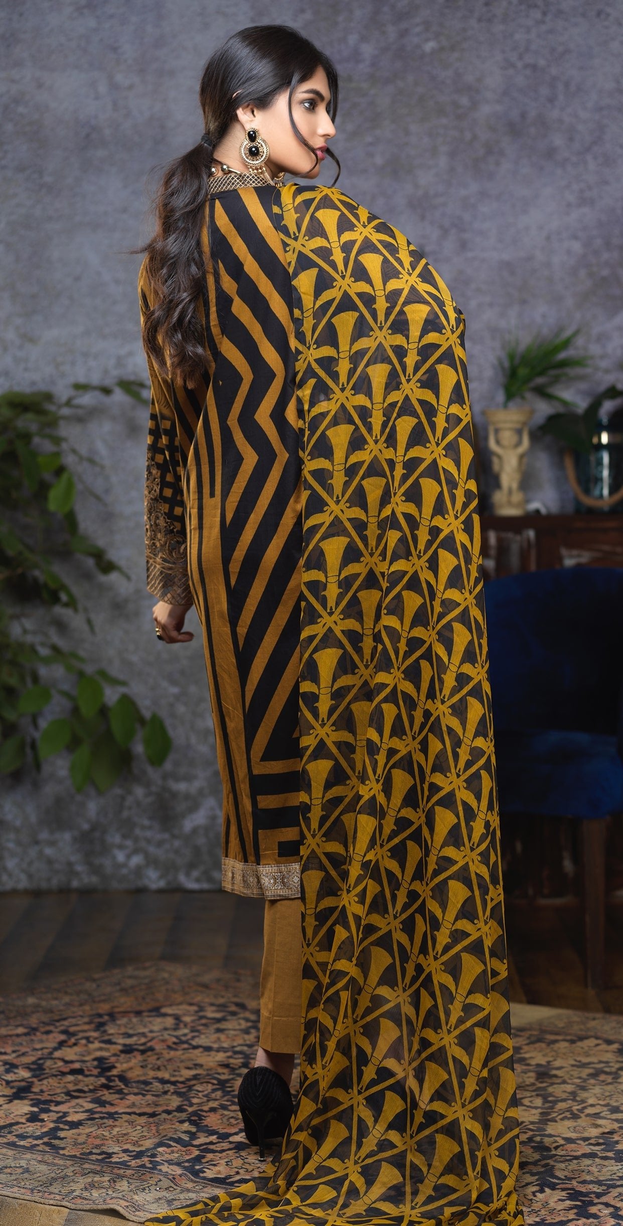 Stitched Printed Cambric Shirt with Embroidery Sleeves and Embroidered Neck Lace , Printed Chiffon Dupatta & Dyed Trouser (RC-172B) - SalitexOnline
