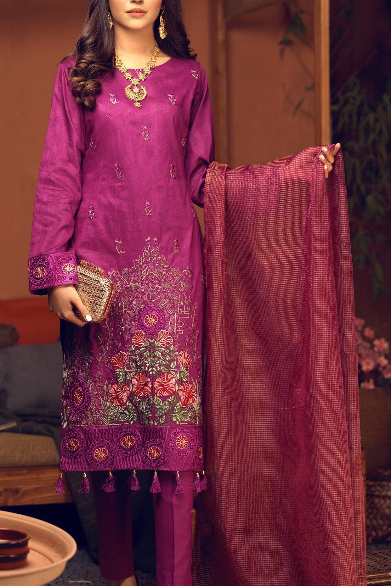 Un-sticthed 3pc Broshia Jacquard Shirt with Embrodered Front & Organza Dupatta (WK-475) - SalitexOnline