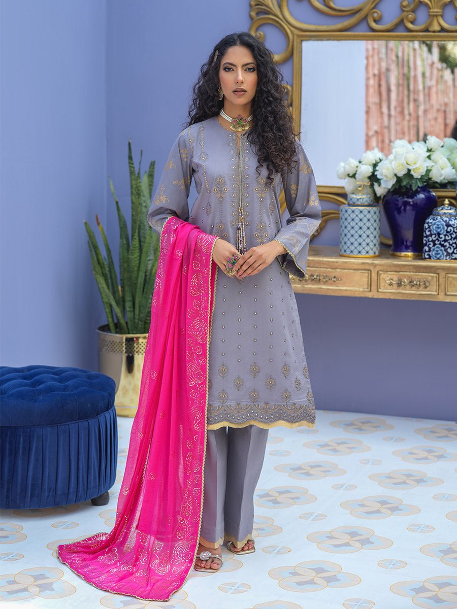 Unstitched 3pc - Embroidered Lawn Suit With Mukesh Chiffon Dupatta - Oznur Vol.2 (WK-00996BUT) - SalitexOnline