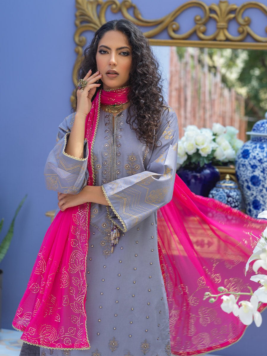 Unstitched 3pc - Embroidered Lawn Suit With Mukesh Chiffon Dupatta - Oznur Vol.2 (WK-00996BUT) - SalitexOnline