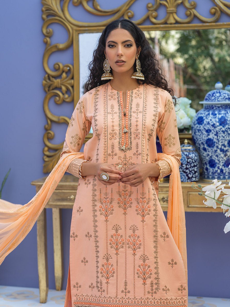 Unstitched 3pc - Embroidered Lawn Suit With Mukesh Chiffon Dupatta - Oznur Vol.2 (WK-00997AUT) - SalitexOnline
