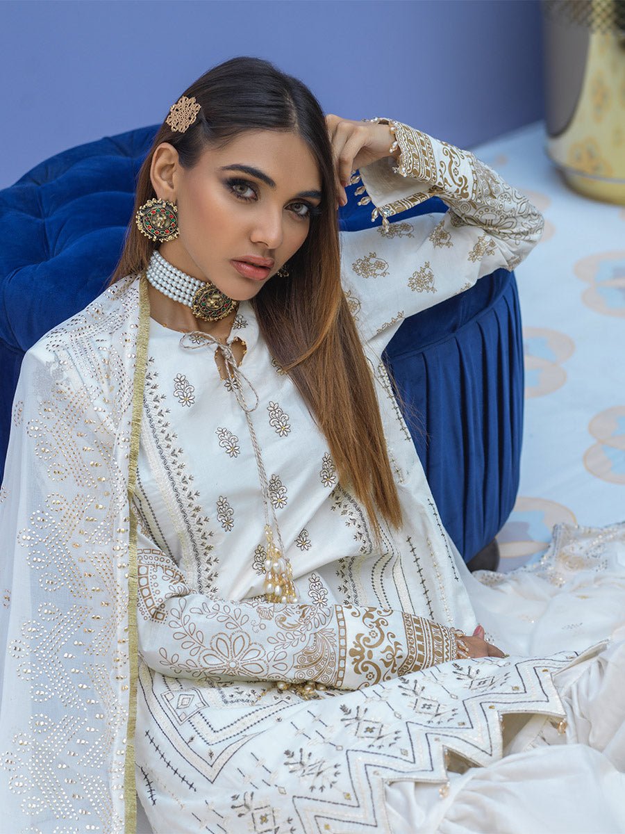 Unstitched 3pc - Embroidered Lawn Suit With Mukesh Chiffon Dupatta - Oznur Vol.2 (WK-00999AUT) - SalitexOnline