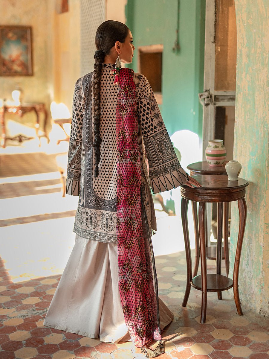 Unstitched 3pc - Heavy Embroidered Front With Printed Back & Sleeves with Chiffon Printed Embroidered Dupatta & Dyed Cambric Trouser - FAUSTINA (WK-00989AUT) - SalitexOnline