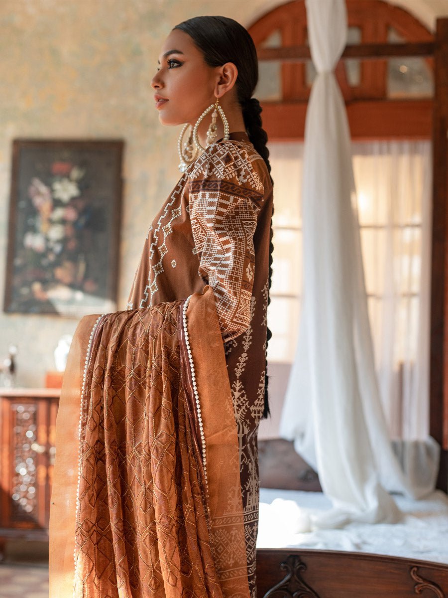 Unstitched 3pc - Heavy Embroidered Front With Printed Back & Sleeves with Chiffon Printed Embroidered Dupatta & Dyed Cambric Trouser - FAUSTINA (WK-00991BUT) - SalitexOnline