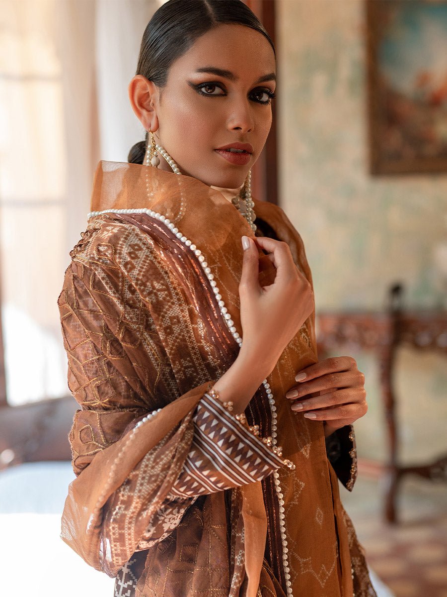 Unstitched 3pc - Heavy Embroidered Front With Printed Back & Sleeves with Chiffon Printed Embroidered Dupatta & Dyed Cambric Trouser - FAUSTINA (WK-00991BUT) - SalitexOnline