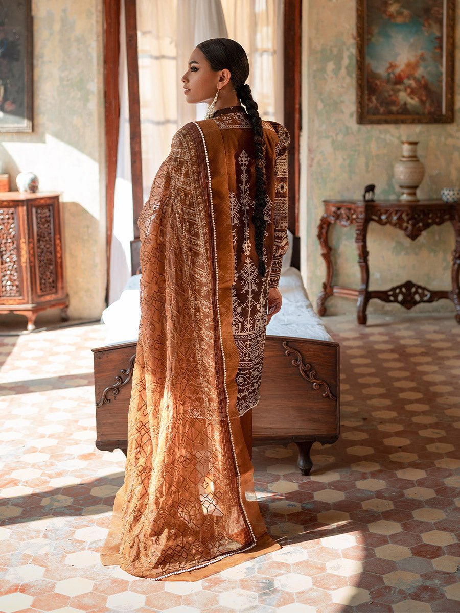 Unstitched 3pc - Heavy Embroidered Front With Printed Back & Sleeves with Chiffon Printed Embroidered Dupatta & Dyed Cambric Trouser - FAUSTINA (WK-00991BUT) - SalitexOnline