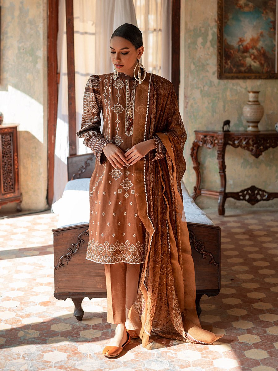 Unstitched 3pc - Heavy Embroidered Front With Printed Back & Sleeves with Chiffon Printed Embroidered Dupatta & Dyed Cambric Trouser - FAUSTINA (WK-00991BUT) - SalitexOnline