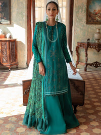 Unstitched 3pc - Heavy Embroidered Front With Printed Back & Sleeves with Chiffon Printed Embroidered Dupatta & Dyed Cambric Trouser - FAUSTINA (WK-00994AUT) - SalitexOnline