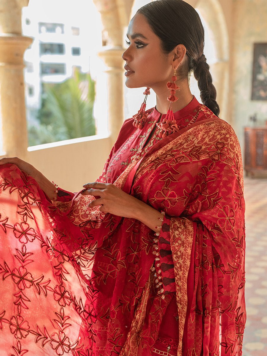 Unstitched 3pc - Heavy Embroidered Lawn Front With Lawn Printed Back & Sleeves with Chiffon Printed Embroidered Dupatta & Dyed Cambric Trouser - FAUSTINA (WK-00992BUT) - SalitexOnline
