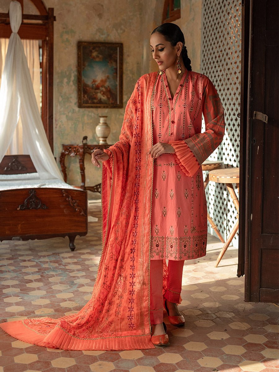 Unstitched 3pc - Heavy Embroidered Lawn Front With Lawn Printed Back & Sleeves with Chiffon Printed Embroidered Dupatta & Dyed Cambric Trouser - FAUSTINA (WK-00993BUT) - SalitexOnline