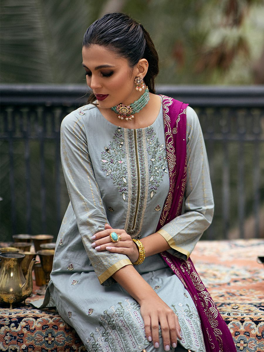 Unstitched 3pc - Heavy Embroidered Shirt Front with Lawn Printed Back & Sleeves With Mukesh Chiffon Dupatta & Dyed Cambric Trouser- Oznur Mukesh (WK-00978UT) - SalitexOnline