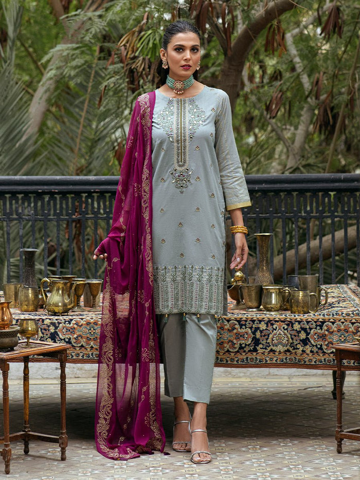 Unstitched 3pc - Heavy Embroidered Shirt Front with Lawn Printed Back & Sleeves With Mukesh Chiffon Dupatta & Dyed Cambric Trouser- Oznur Mukesh (WK-00978UT) - SalitexOnline