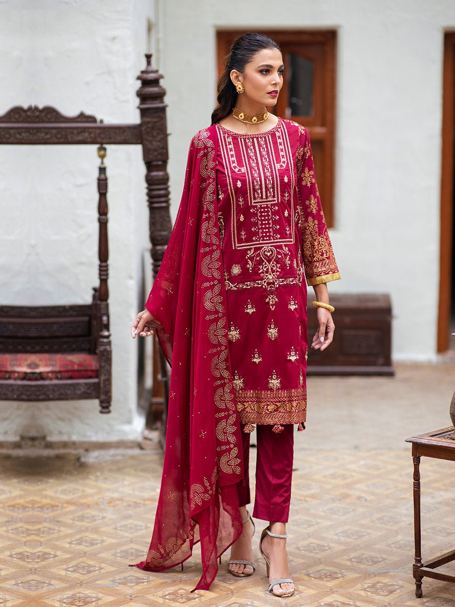 Unstitched 3pc - Heavy Embroidered Shirt Front with Printed Back & Sleeves With Mukesh Chiffon Dupatta & Dyed Cambric Trouser - Oznur Mukesh (WK-00972UT) - SalitexOnline