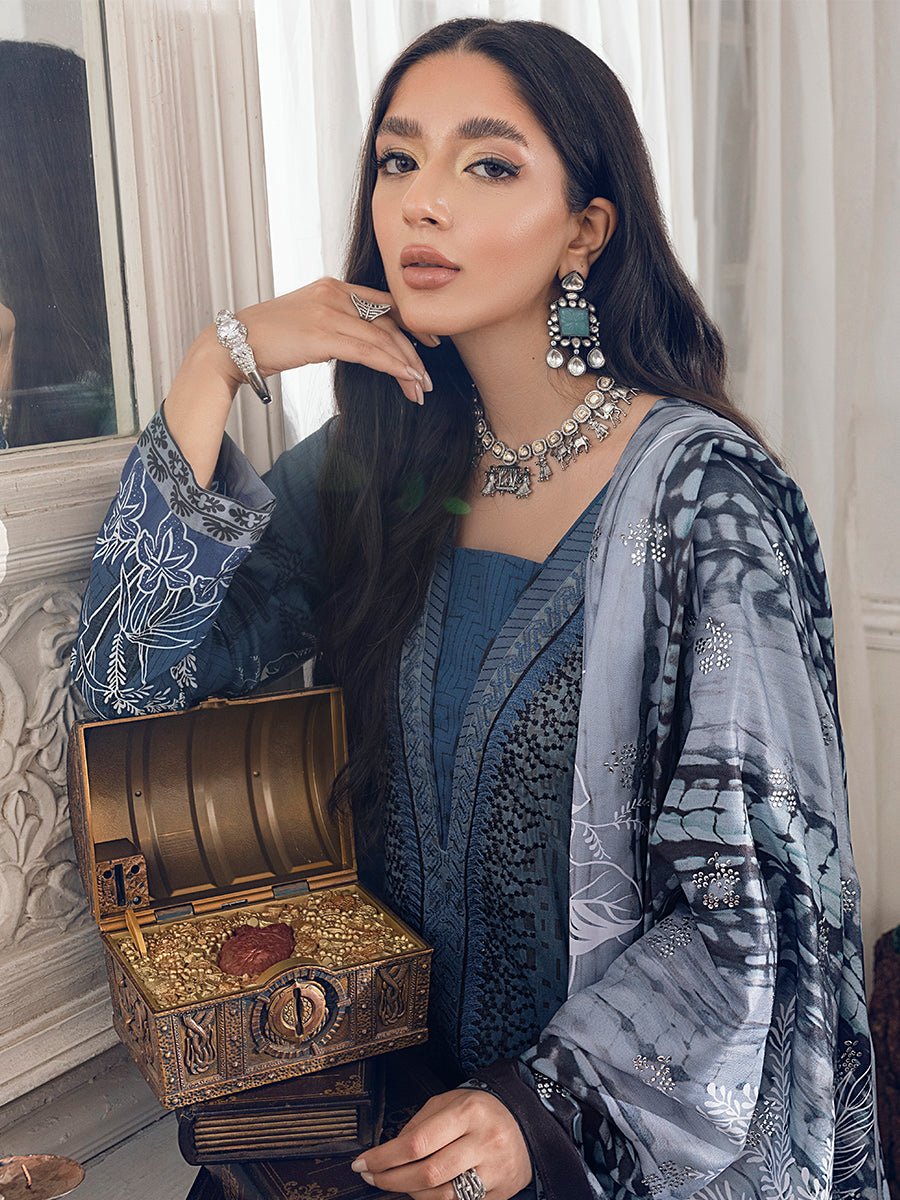 Unstitched 3pc - Linen Digital Printed Embroidered Shirt & Digital Pashmina Shawl with Mukesh Handwork & Dyed Linen Trouser - Oznur (WK-00894) - SalitexOnline