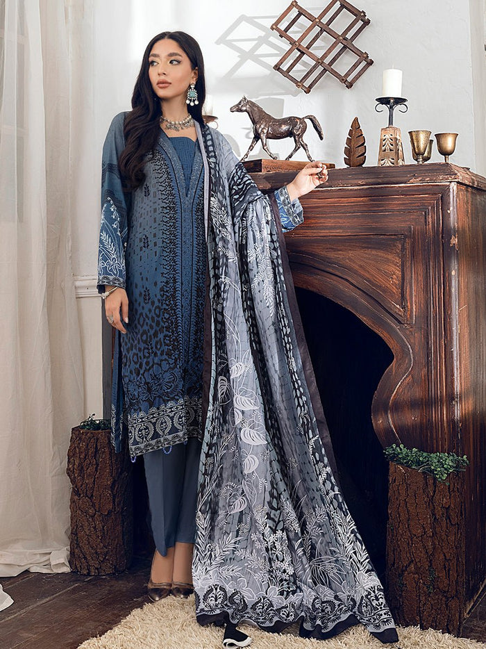 Unstitched 3pc - Linen Digital Printed Embroidered Shirt & Digital Pashmina Shawl with Mukesh Handwork & Dyed Linen Trouser - Oznur (WK-00894) - SalitexOnline