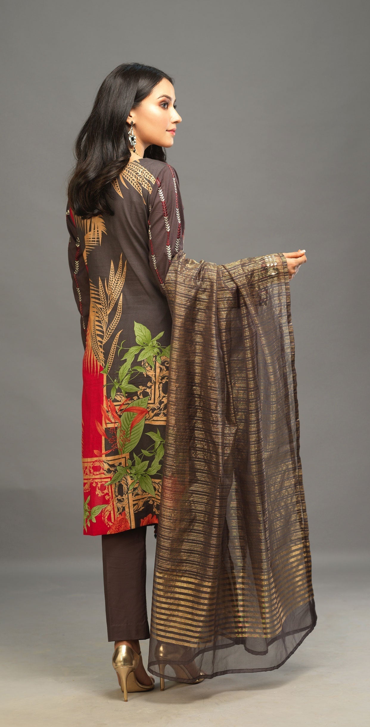 Unstitched 3pc Printed Embroidered Lawn Shirt with Organza Lines Dupatta - Shades (WK-00546B) - SalitexOnline