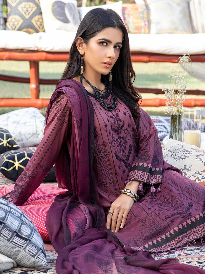 Unstitched 3pc Printed Embroidered Lawn Shirt with Printed Chiffon Dupatta & Dyed Cambric Trouser - Z'ure (WK-00697B) - SalitexOnline