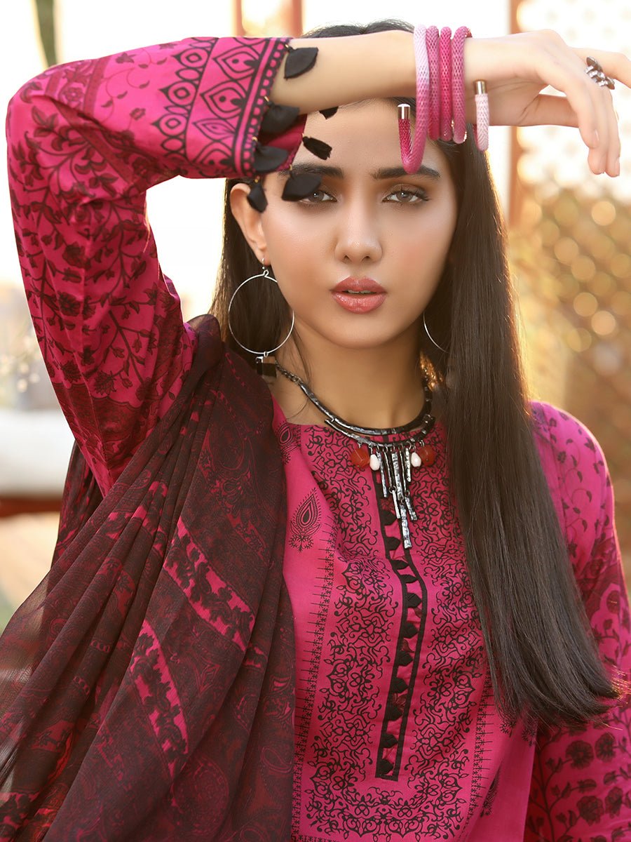 Unstitched 3pc Printed Embroidered Lawn Shirt with Printed Chiffon Dupatta & Dyed Cambric Trouser - Z'ure (WK-00701A) - SalitexOnline