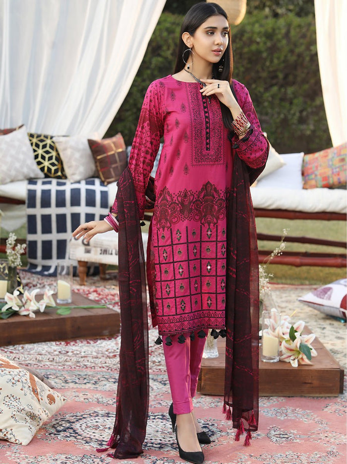Unstitched 3pc Printed Embroidered Lawn Shirt with Printed Chiffon Dupatta & Dyed Cambric Trouser - Z'ure (WK-00701A) - SalitexOnline