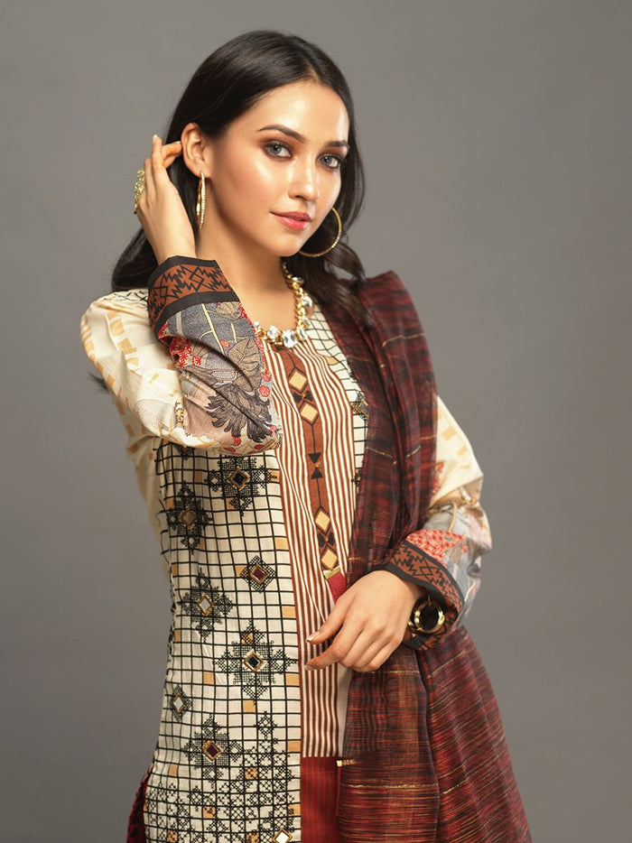 Unstitched 3pc Printed Embroidered Lawn Shirt with Woven Khaddi Dupatta - Shades (WK-00541B) - SalitexOnline