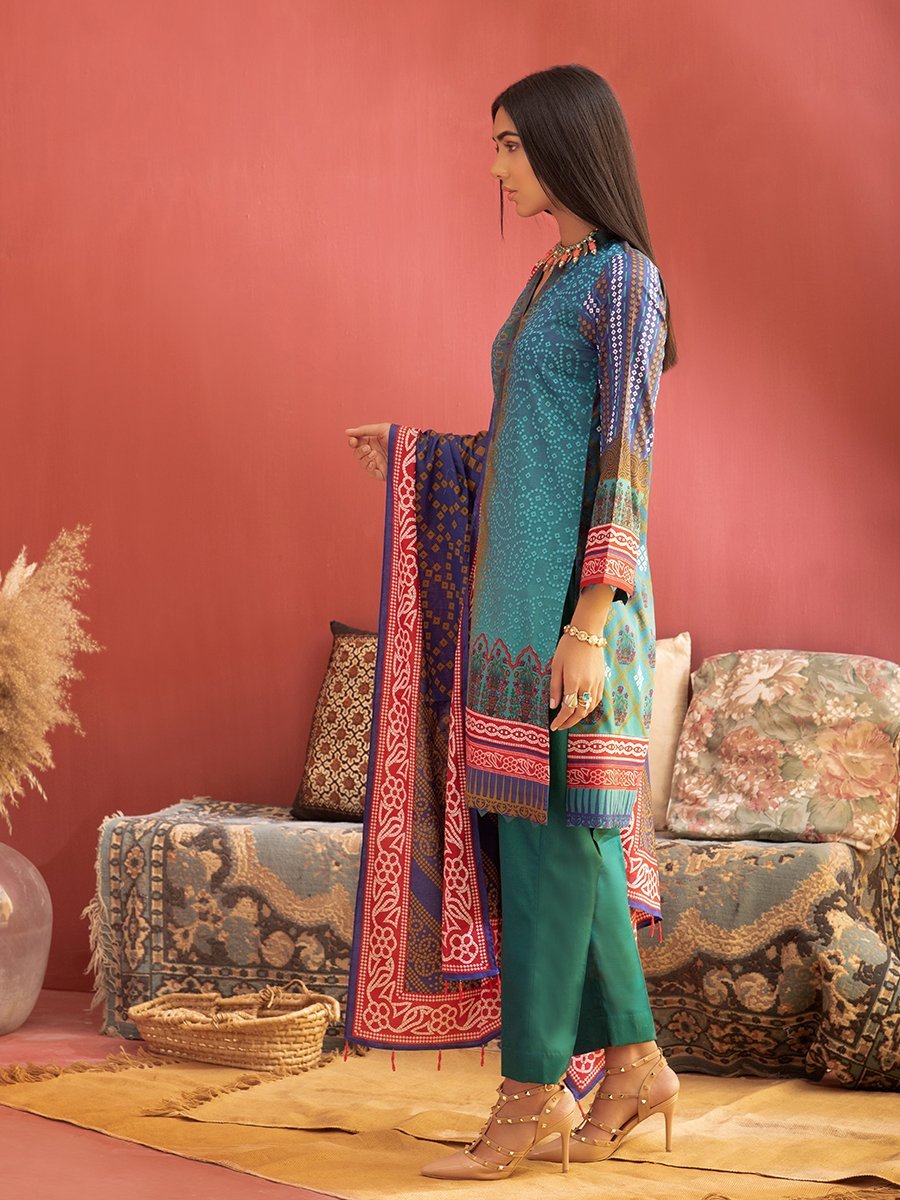 Unstitched 3pc Printed Lawn Shirt with Printed Lawn Dupatta & Dyed Cambric Trouser - Inaya (IP-00030B) - SalitexOnline