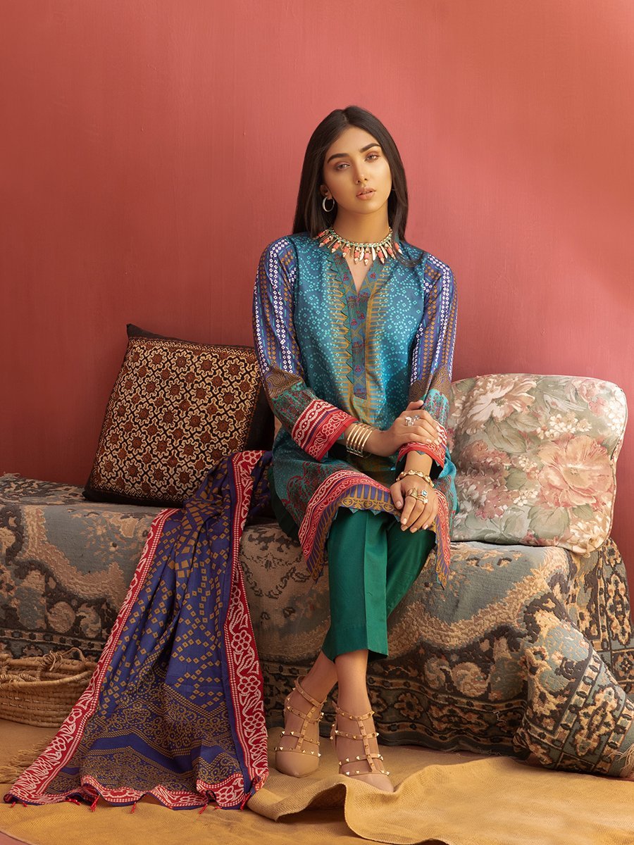 Unstitched 3pc Printed Lawn Shirt with Printed Lawn Dupatta & Dyed Cambric Trouser - Inaya (IP-00030B) - SalitexOnline