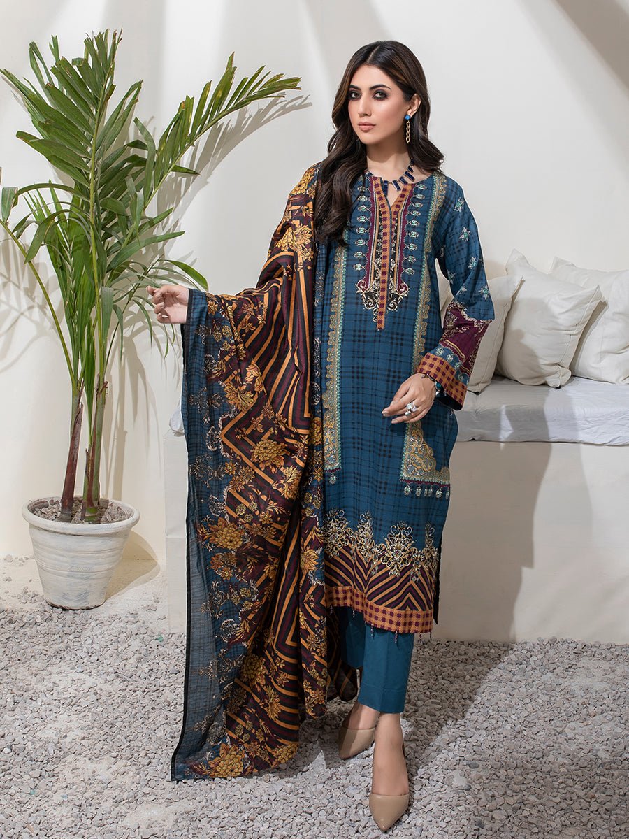 Unstitched 3pc Printed Lawn Shirt with Printed Lawn Dupatta & Dyed Cambric Trouser- Inaya Vol.2 (IP-00079A) - SalitexOnline